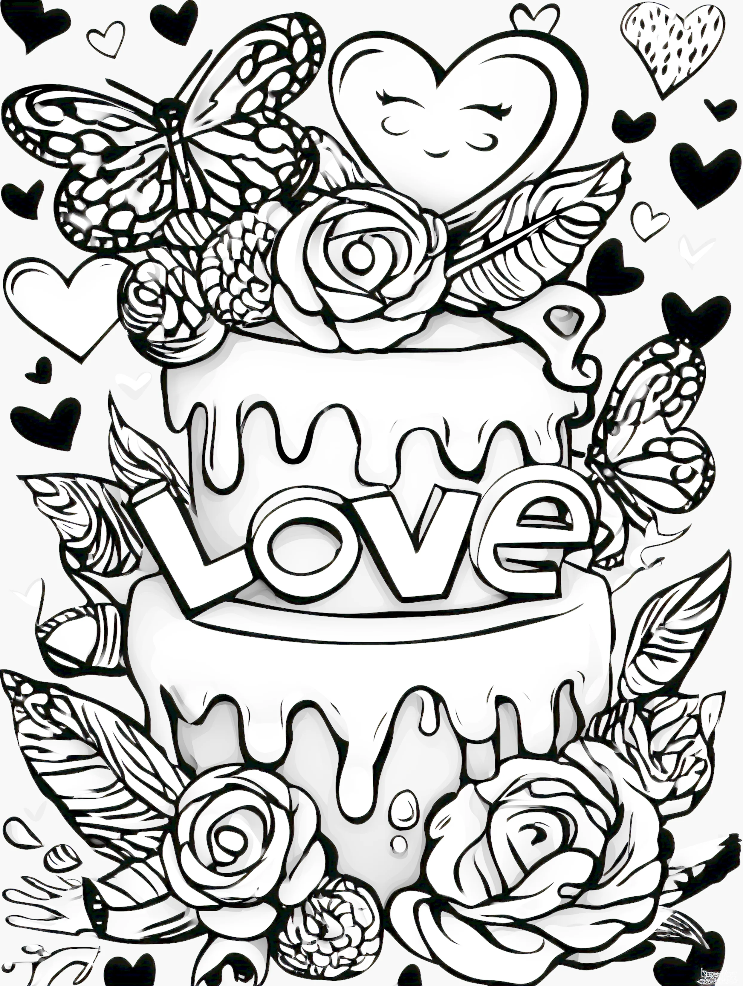 Free printable valentines coloring pages for adults featuring love cake